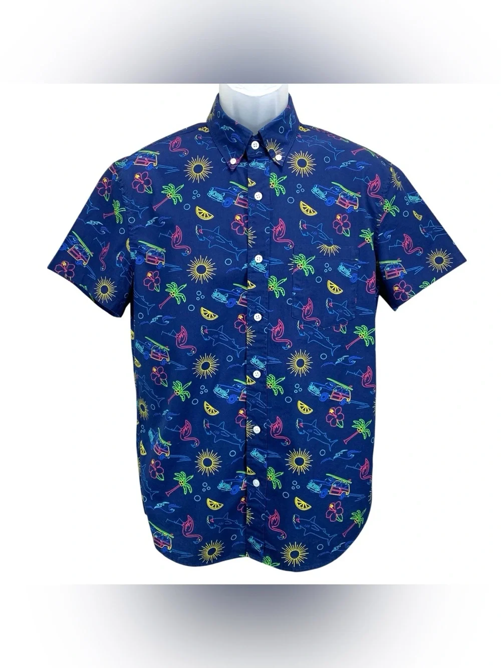 J.Crew Flex Washed Men’s Medium Button Down Shirt Blue Beach‎ Print Slim Fit